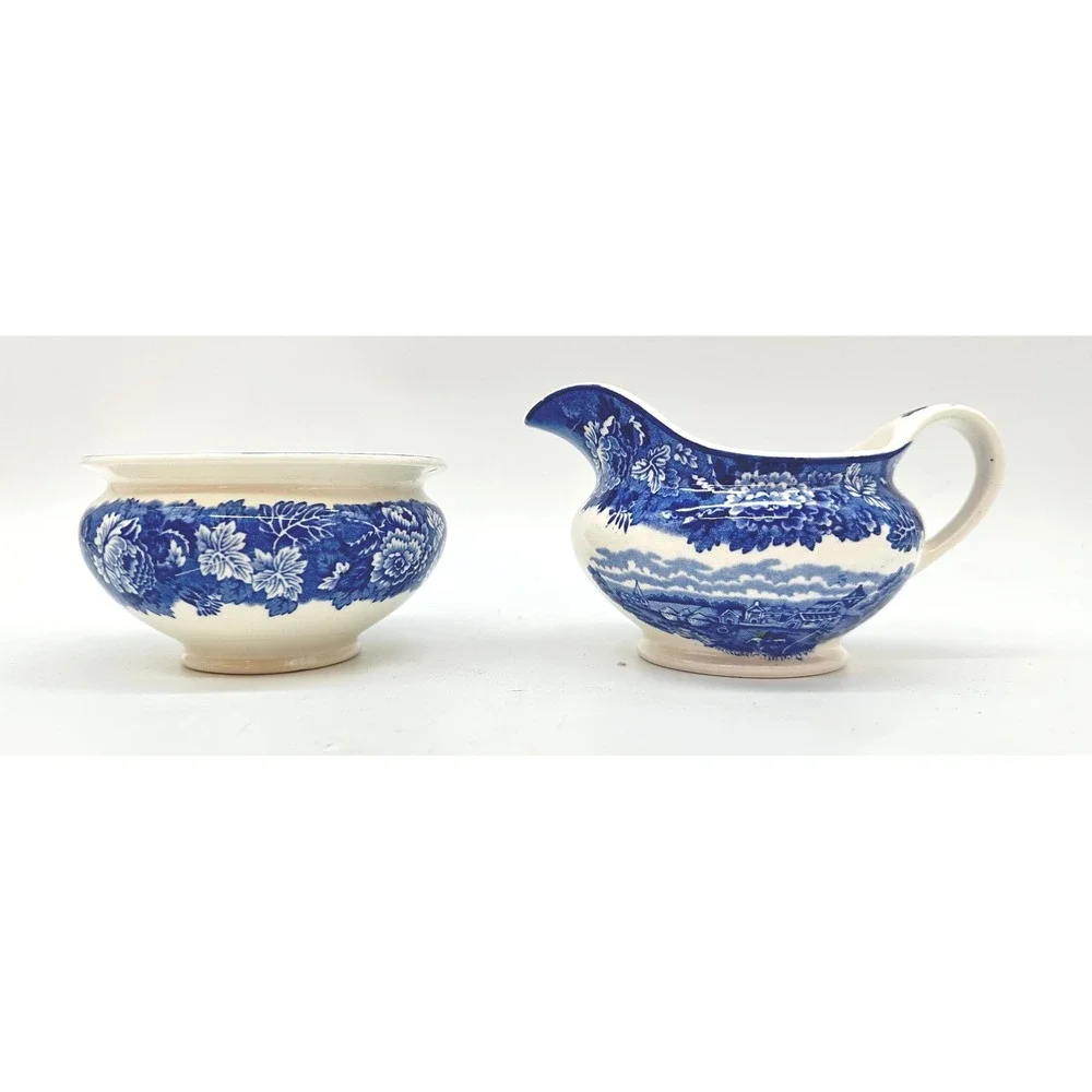 Vintage Enoch Wood's English Scenery Creamer Sugar Set Wood & Sons Blue White